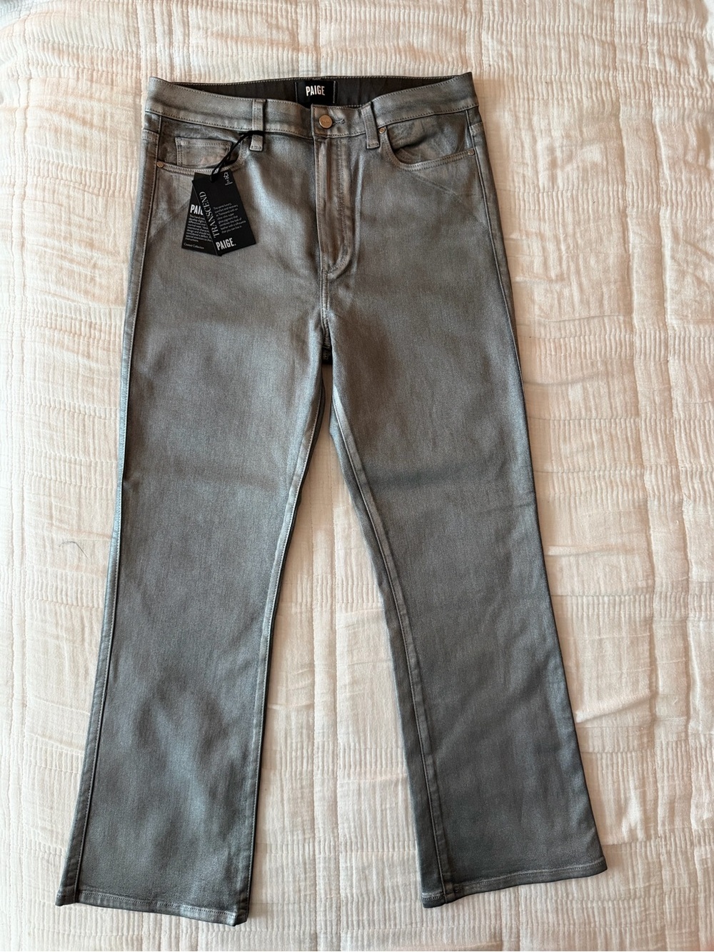 NWT PAIGE Claudine Silver Shimmer Metallic Coated High Rise Flare Jeans - Picture 10 of 17